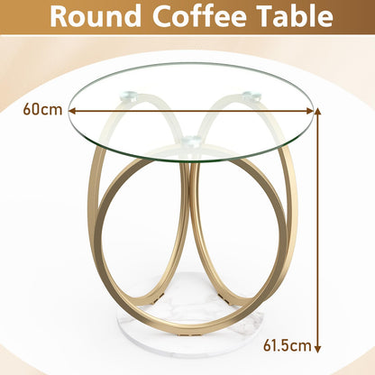 Round Glass Coffee Table with Geometric Metal Ring Frame for Living Room