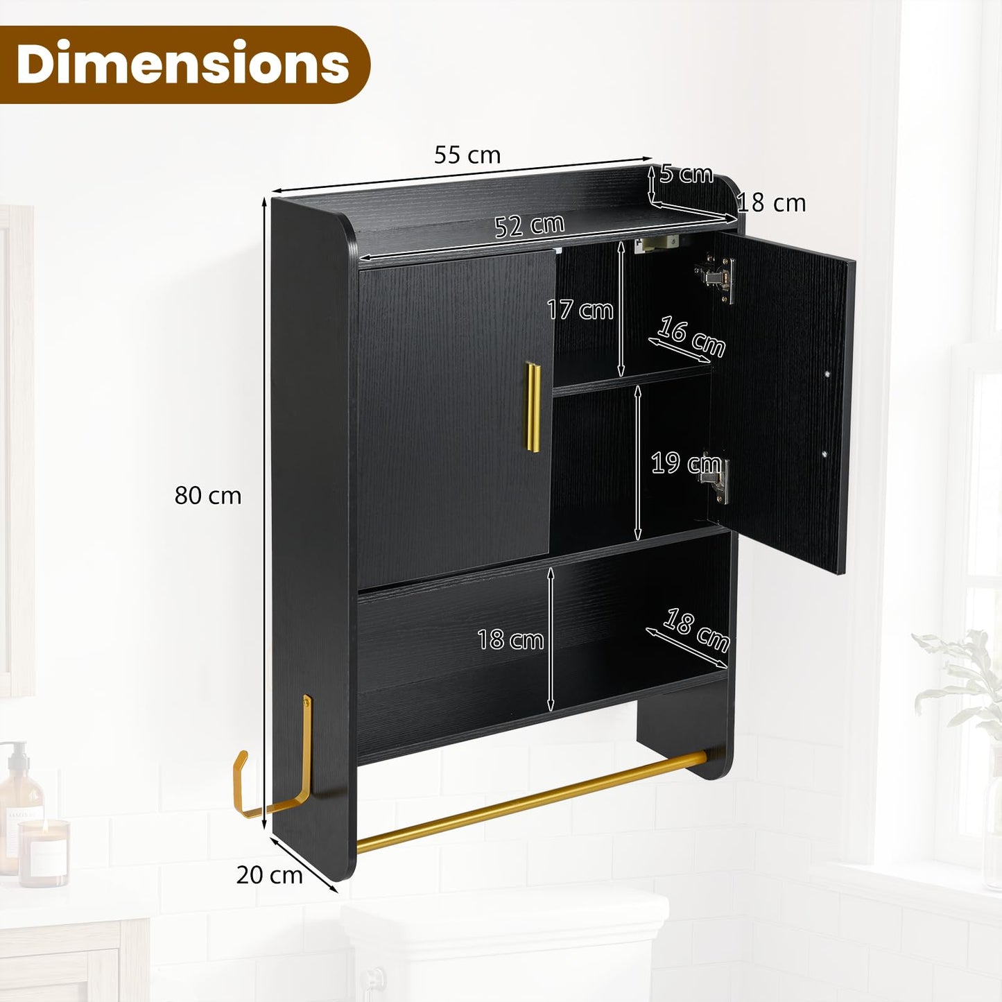 Bathroom Wall Cabinet with Open Shelves and Adjustable Shelf