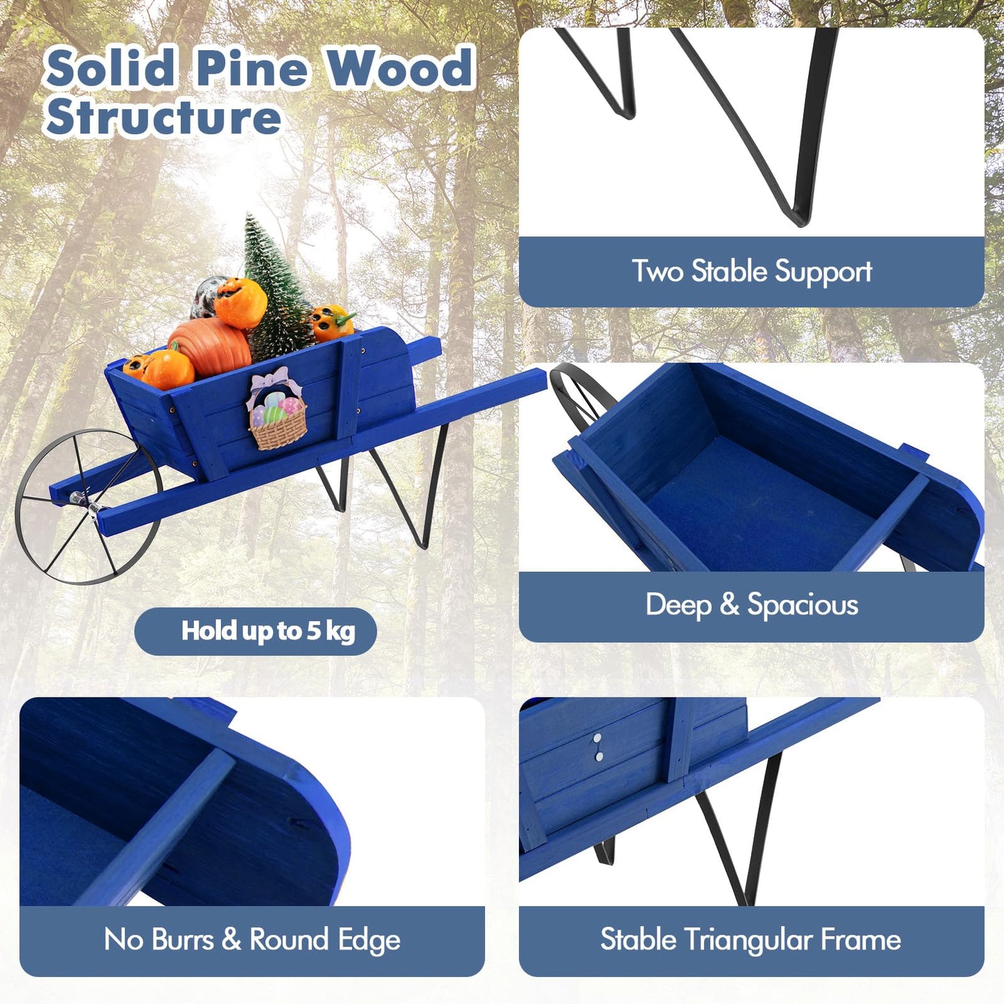 Wooden Wagon Planter Stand Wheelbarrow Flower Cart Garden Decoration