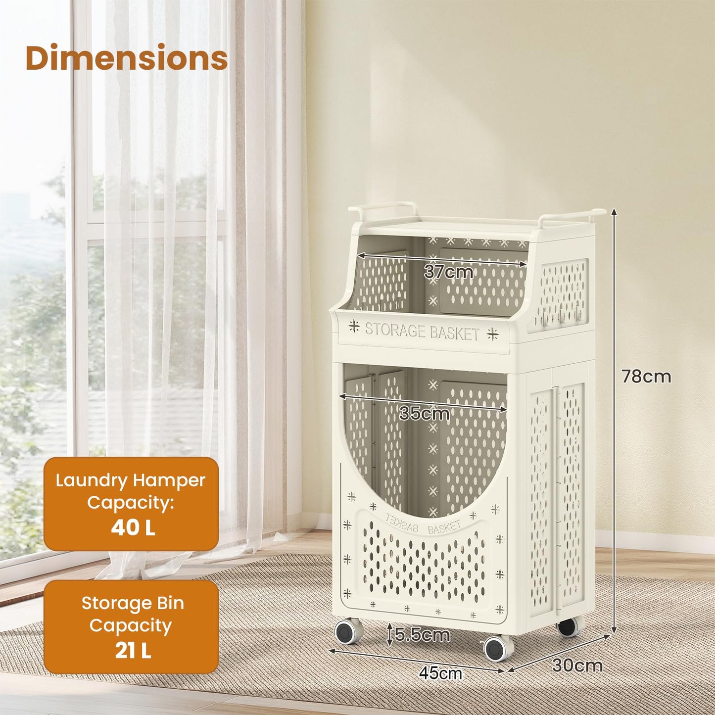 3/4-Tier Laundry Basket Trolley on Wheels, Foldable Laundry Hamper Cart