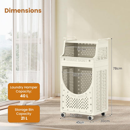 3/4-Tier Laundry Basket Trolley on Wheels, Foldable Laundry Hamper Cart