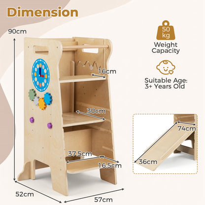 4-in-1 Toddler Tower with Chalkboard Slide and Montessori Games