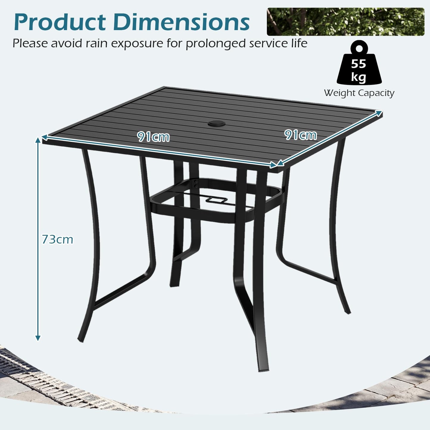 91CM Square Patio Table for 4 Outdoor Metal Dining Table with Umbrella Hole