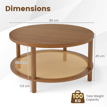 2-Tier Round Coffee Table with Rattan Storage Shelf, Rubber Wood