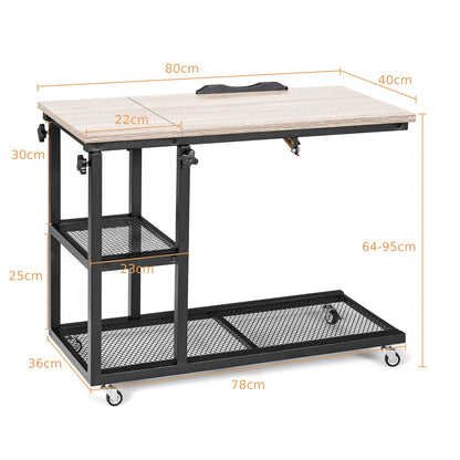 Height Adjustable Mobile Overbed Table with Wheels and Storage Shelves