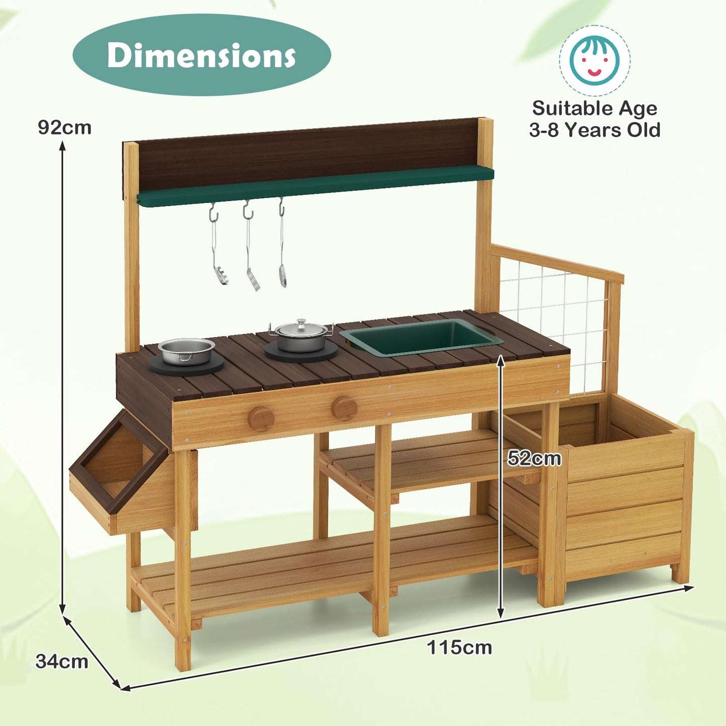 Pretend Mud Kitchen Play Kitchen with Removable Sink and Planter Boxes