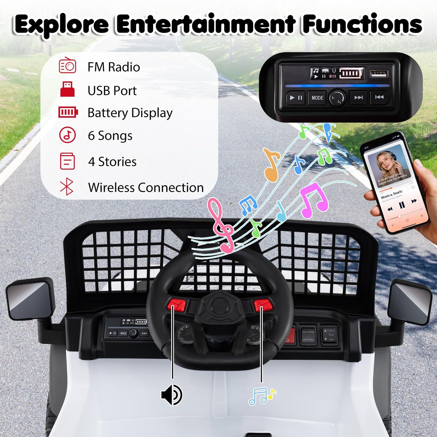 24V Kids Ride on Car with Remote Control, LED Lights, Horn