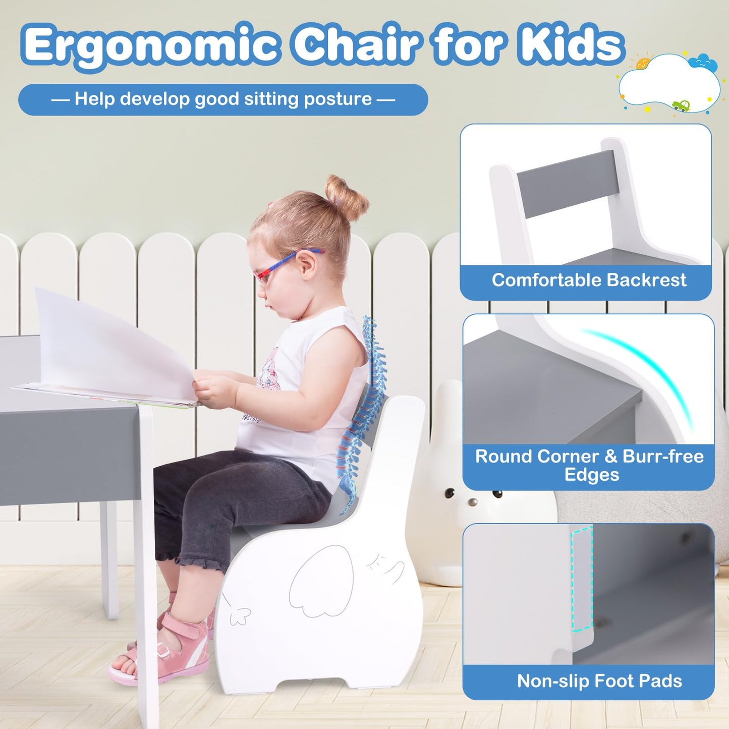 Wooden Kids Table and Chair Set with Hidden Storage