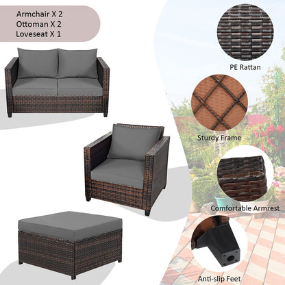 5 Pieces Outdoor Rattan Patio Furniture Set with Removable Cushions