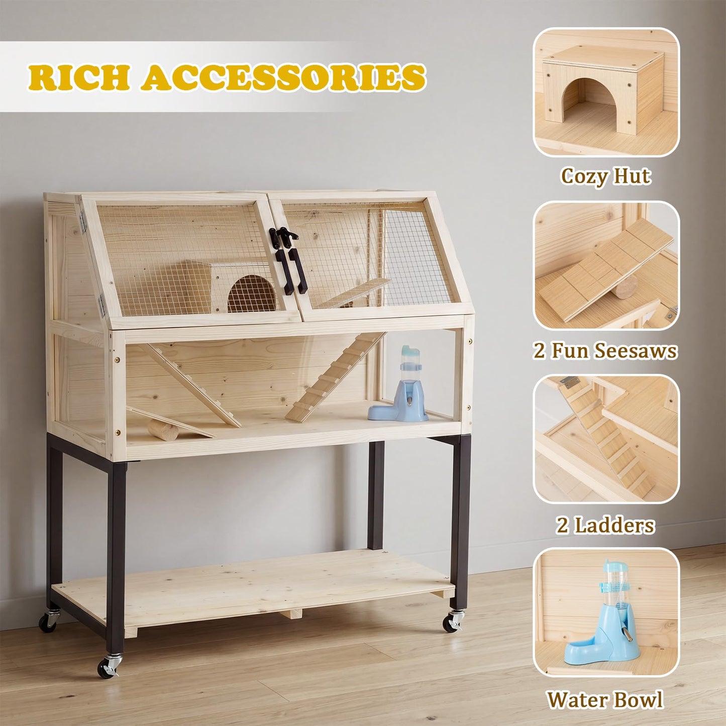 Wooden Hamster Cage, 2-Tier Small Animal House with Acrylic Windows
