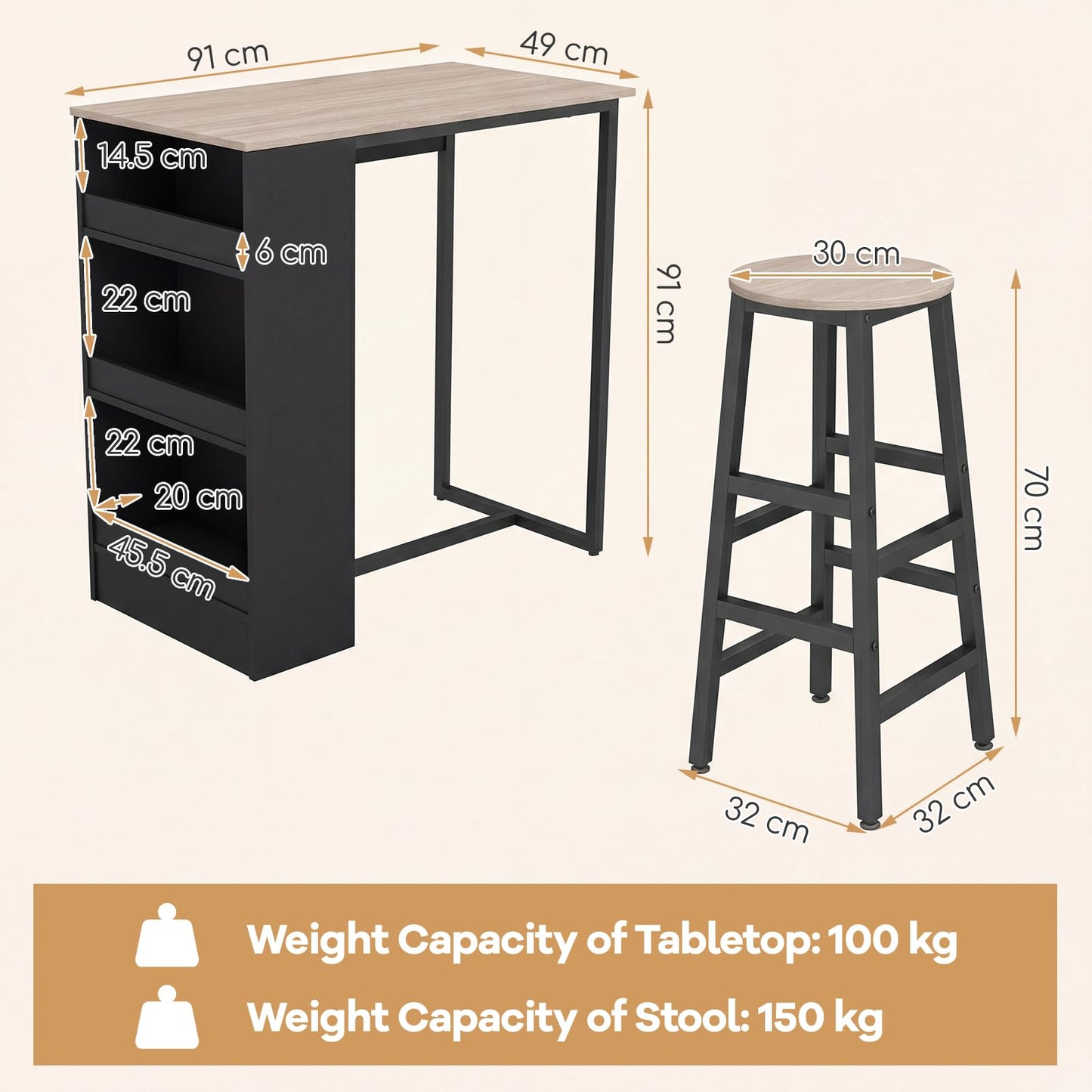 3 Piece Bar Table Set, Dining Table and 2 Stools with 3-Tier Side Shelves & Footrest