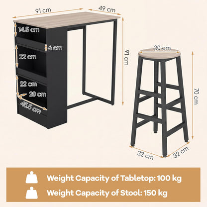 3 Piece Bar Table Set, Dining Table and 2 Stools with 3-Tier Side Shelves & Footrest