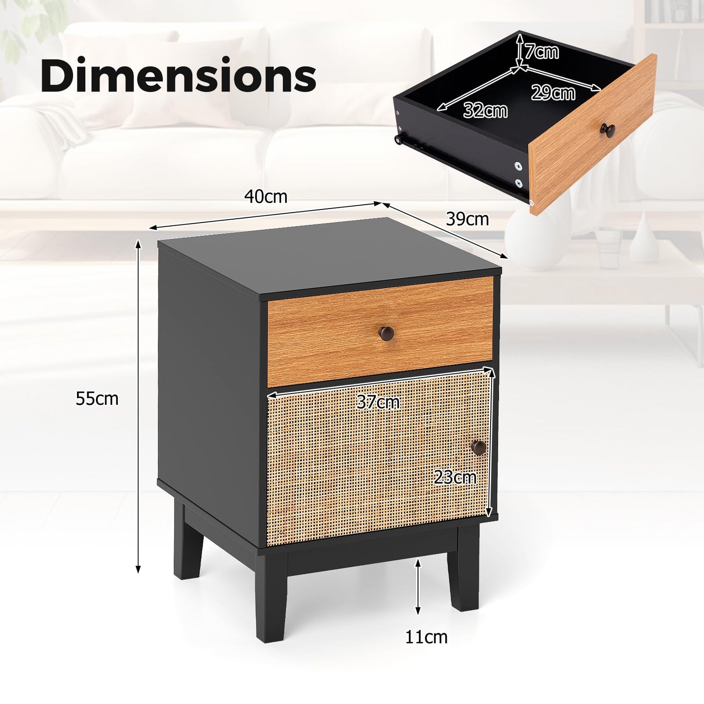 Modern Rattan Nightstand with Storage Drawer and Cabinet