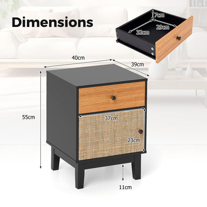 Modern Rattan Nightstand with Storage Drawer and Cabinet