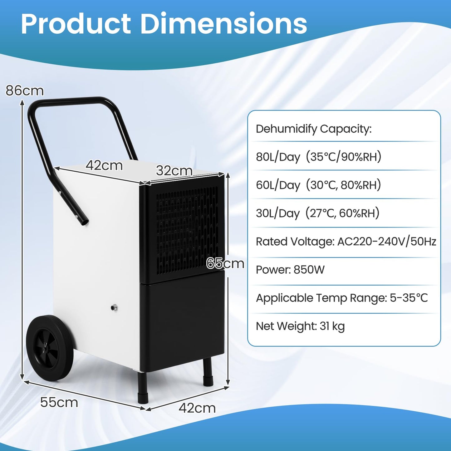 80L/Day Commercial Dehumidifier, 400m² Coverage Industrial Dehumidifiers