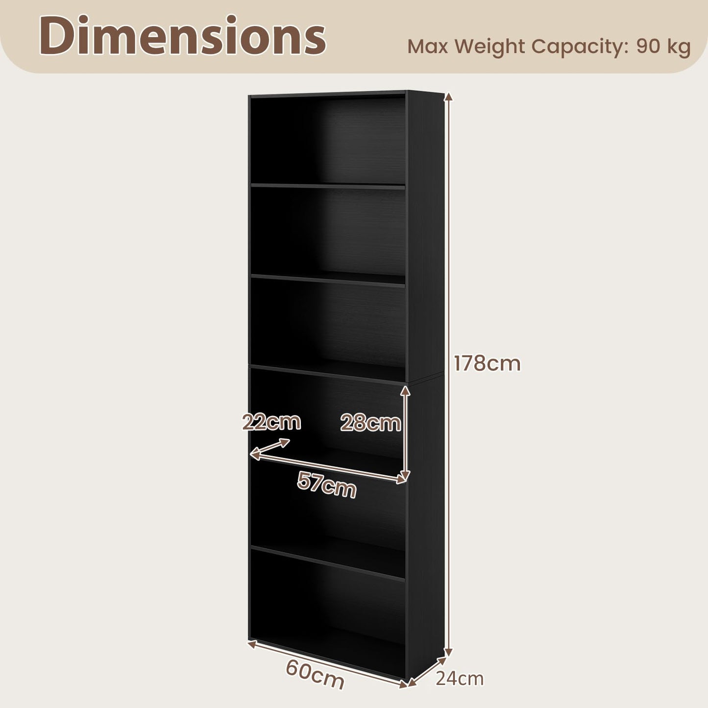 60 x 24 x 178 cm Floor Standing Book Storage Organizer with 2 Anti-tipping Kits
