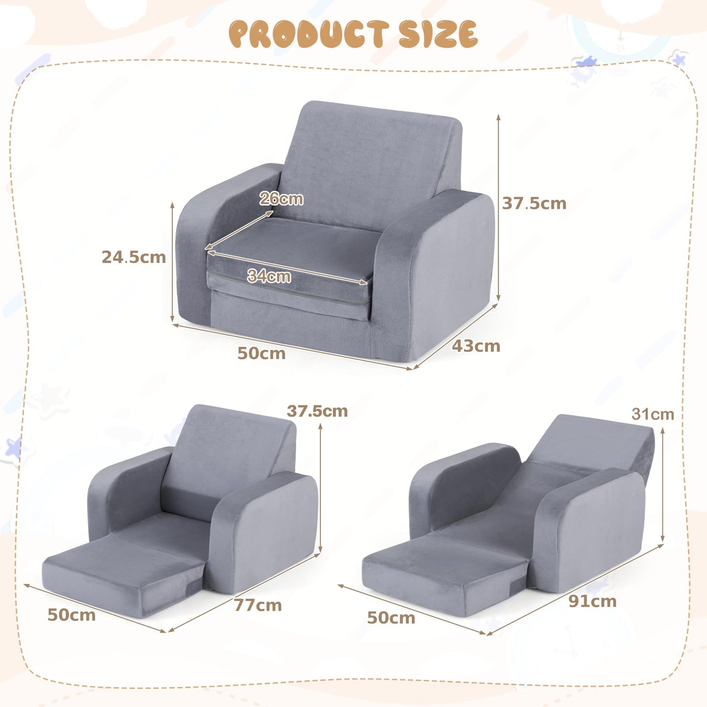 Children's Armchair, 3 in 1 Convertible Fold Out Kids Sofa Bed with Velvet Fabric