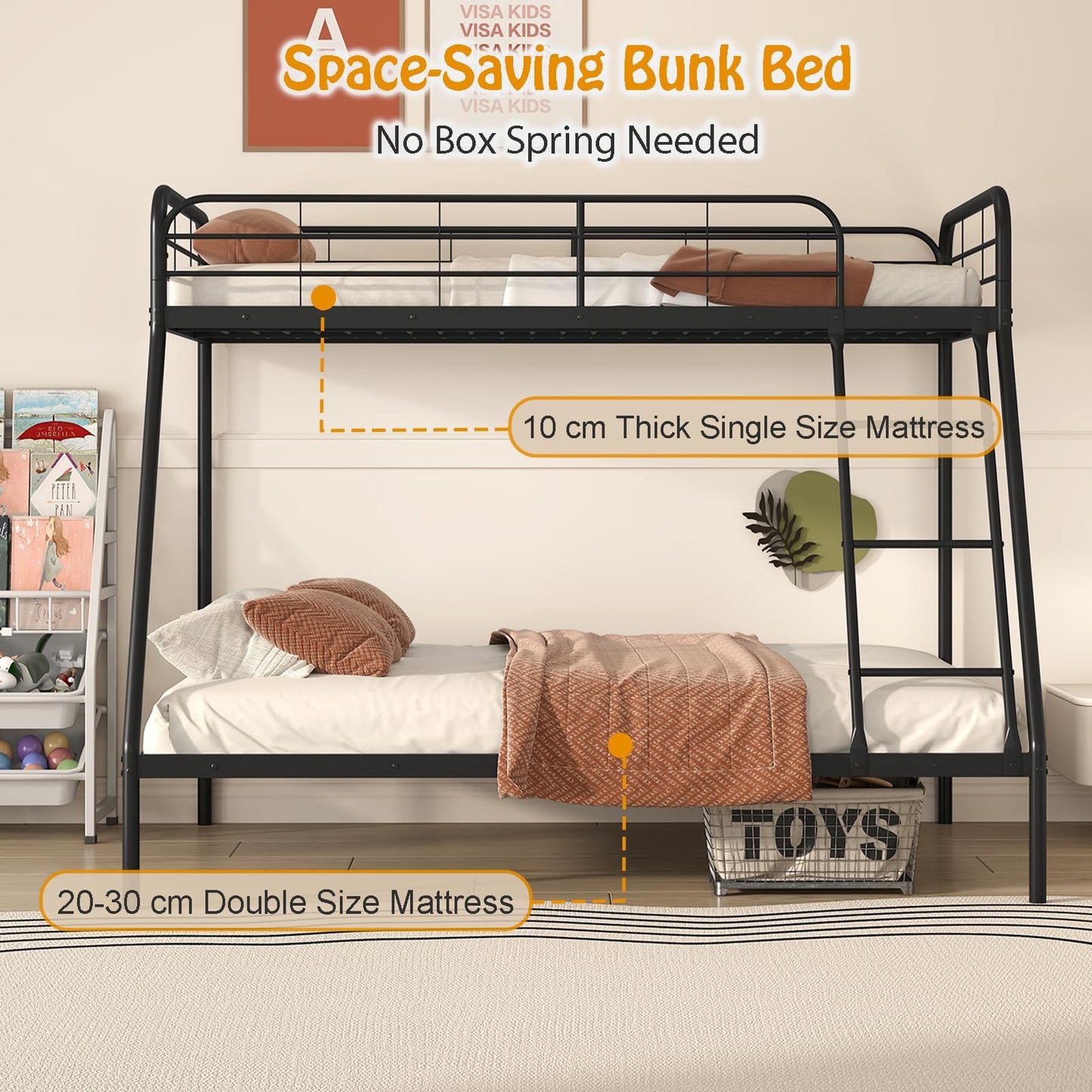 Single over Double Loft Bed Frame with Ladder and Safety Guardrail
