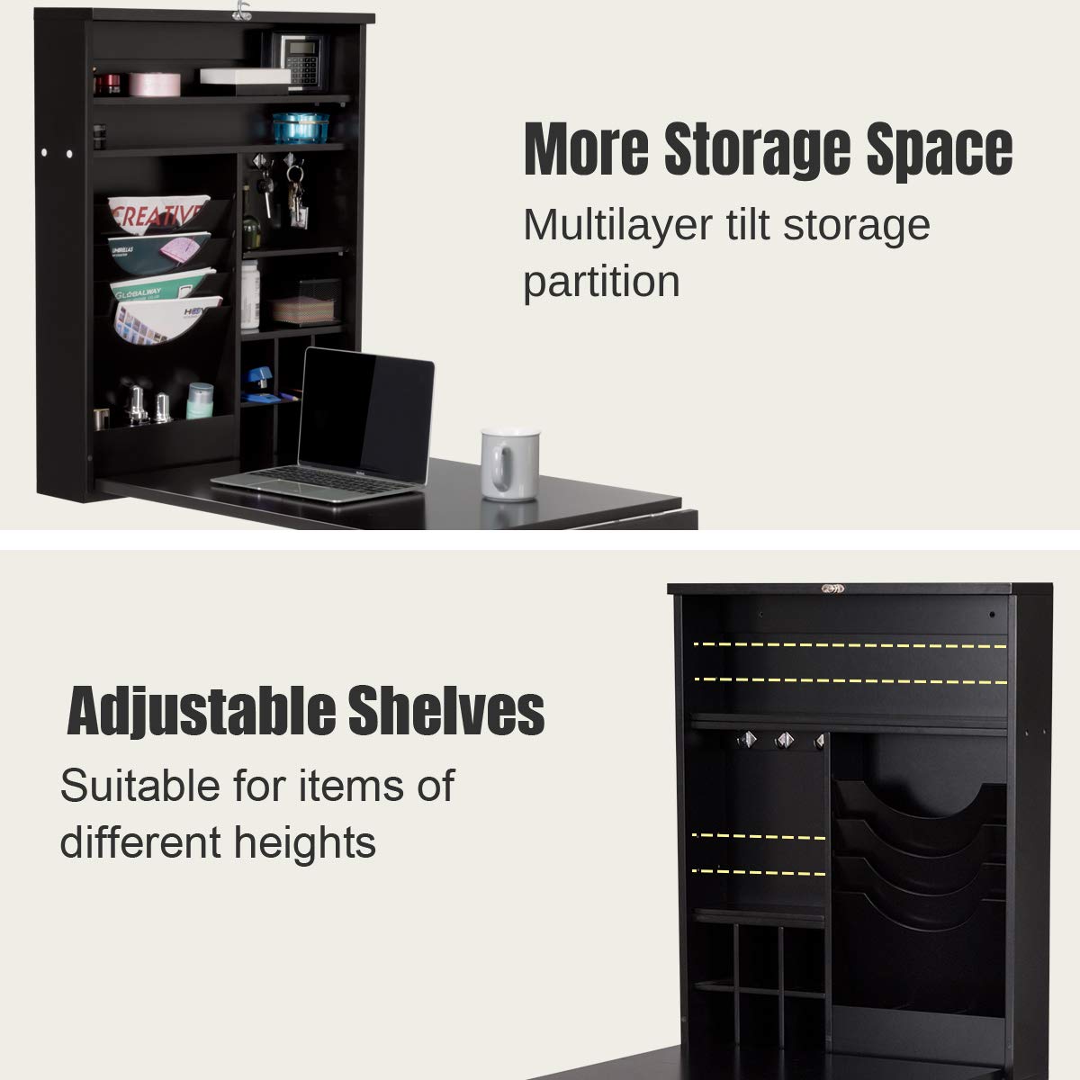 Folding Wall Mounted Drop-Leaf Table, Space Saving Floating Computer Desk with Chalkboard and Adjustable Storage Shelves