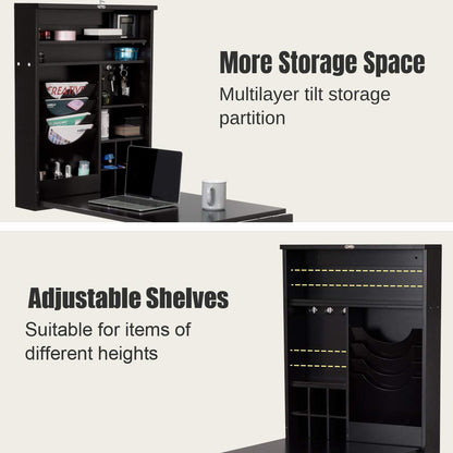 Folding Wall Mounted Drop-Leaf Table, Space Saving Floating Computer Desk with Chalkboard and Adjustable Storage Shelves