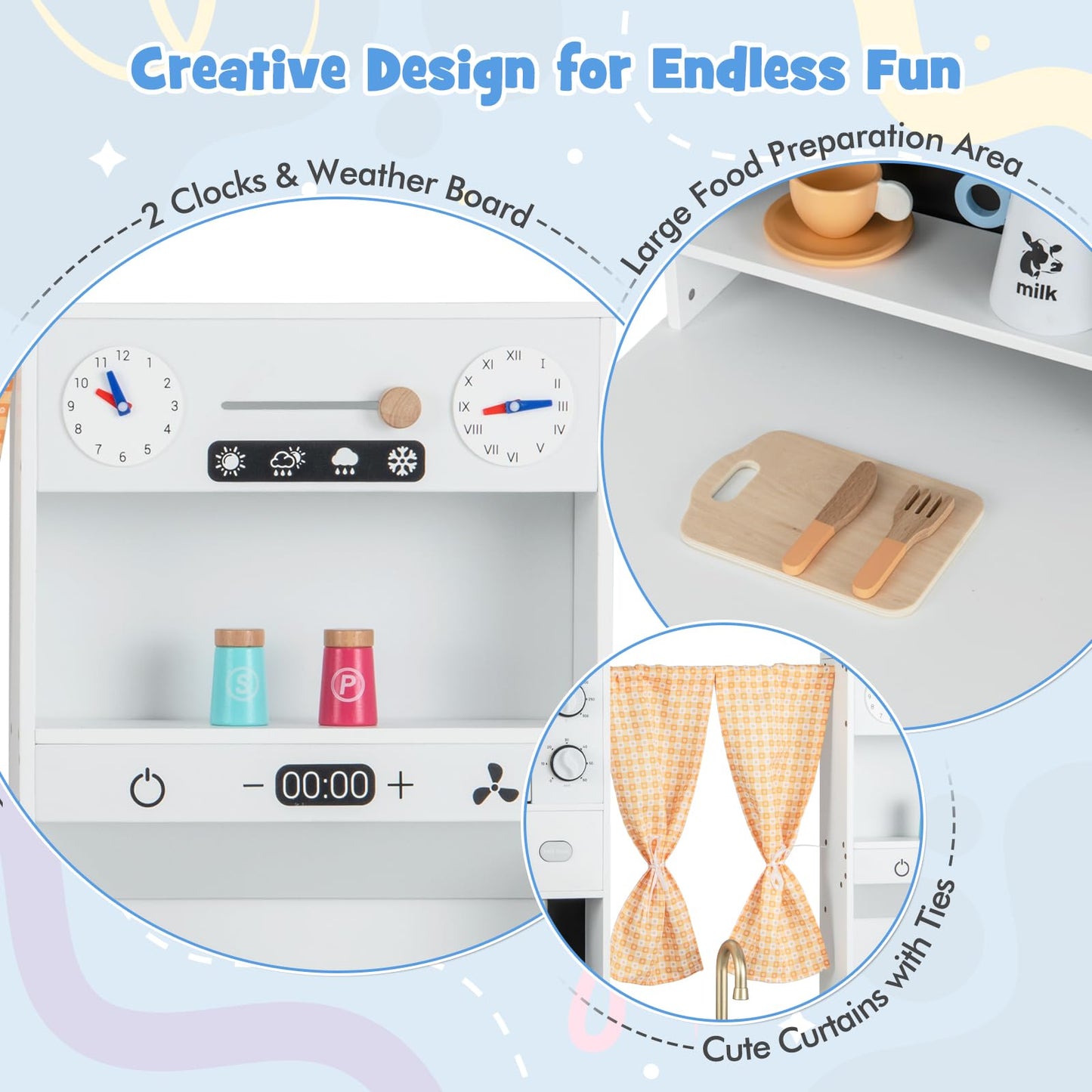 Kids Play Kitchen Wooden with Microwave and Ice Maker with Sounds