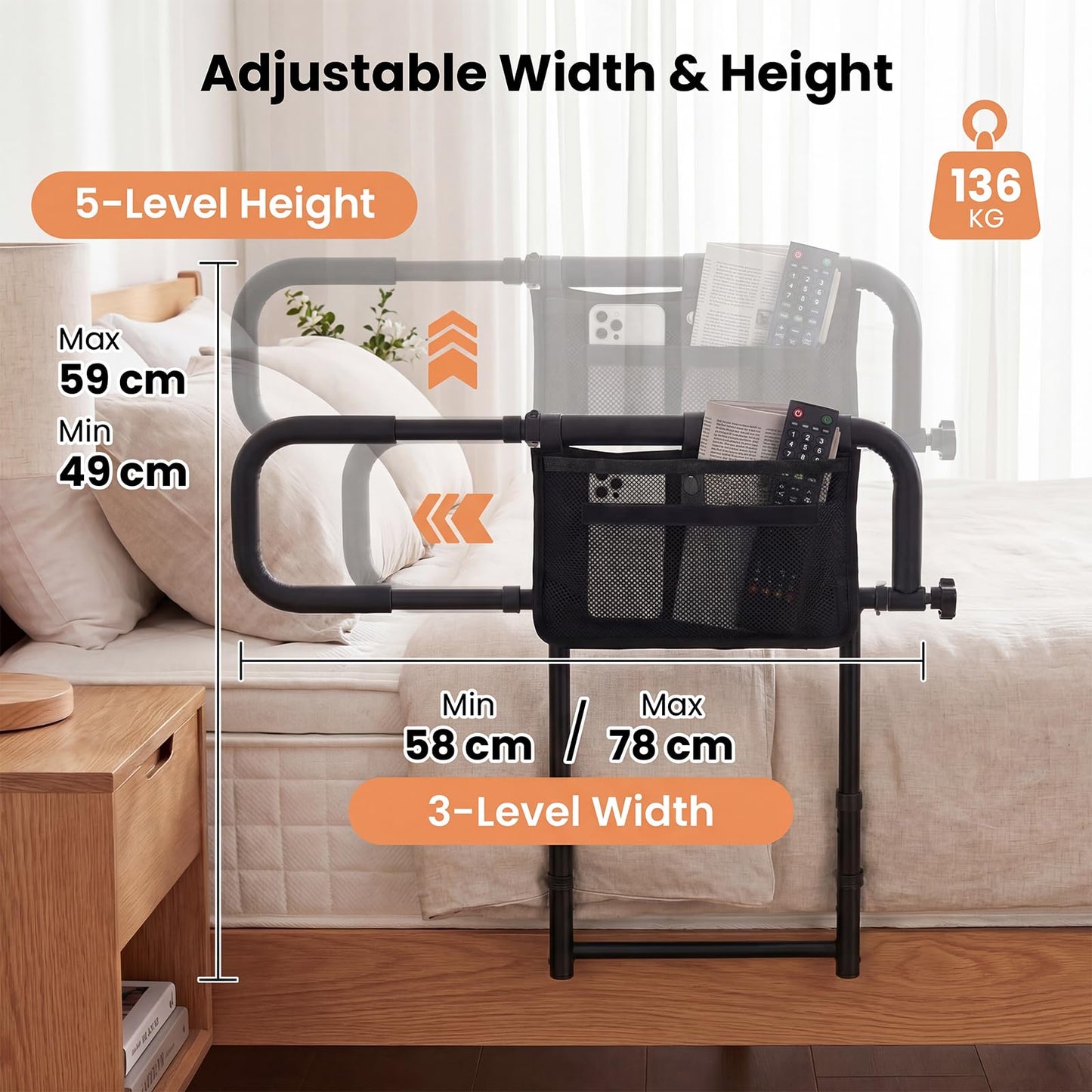 Foldable Bed Rail for Seniors with Adjustable Width and Height