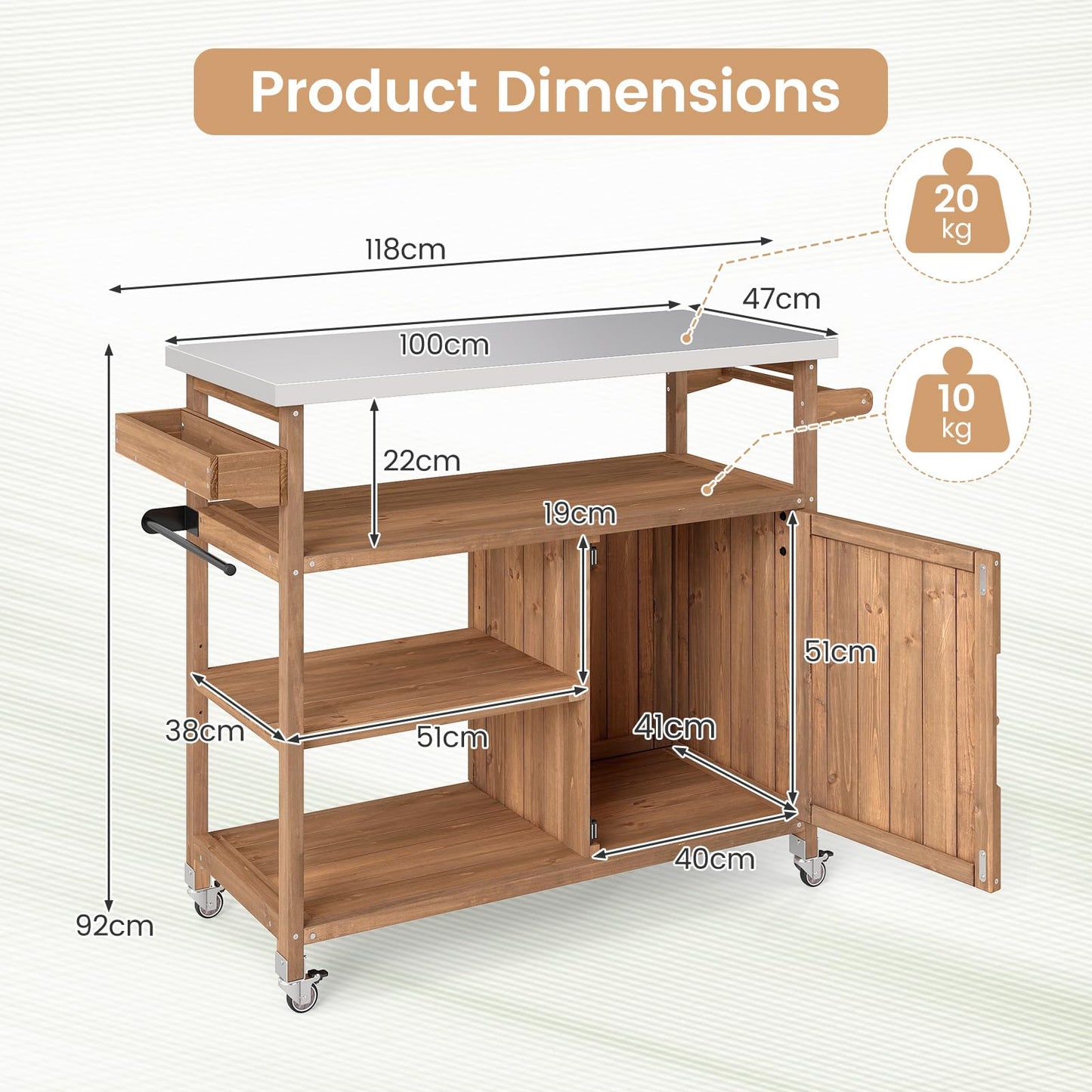Wooden Grill Cart with Storage Outdoor Kitchen Island with Stainless Steel Top