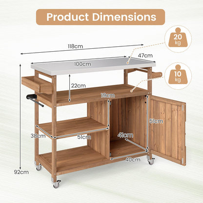 Wooden Grill Cart with Storage Outdoor Kitchen Island with Stainless Steel Top