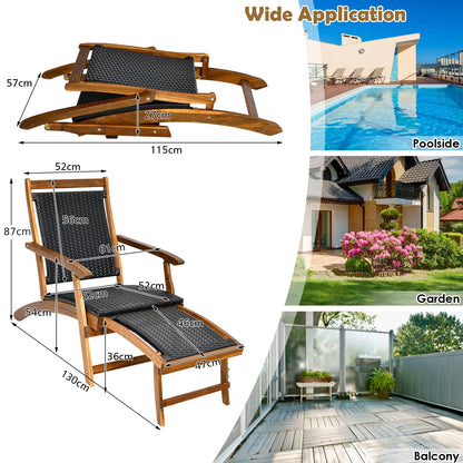 Acacia Wood Rattan Deck Chair with Retractable Footrest