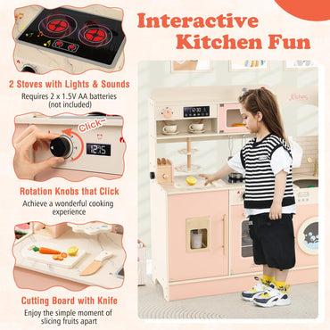 Kids Wooden Kitchen, Pretend Play Kitchen with Light, Sound, Sink & Faucet