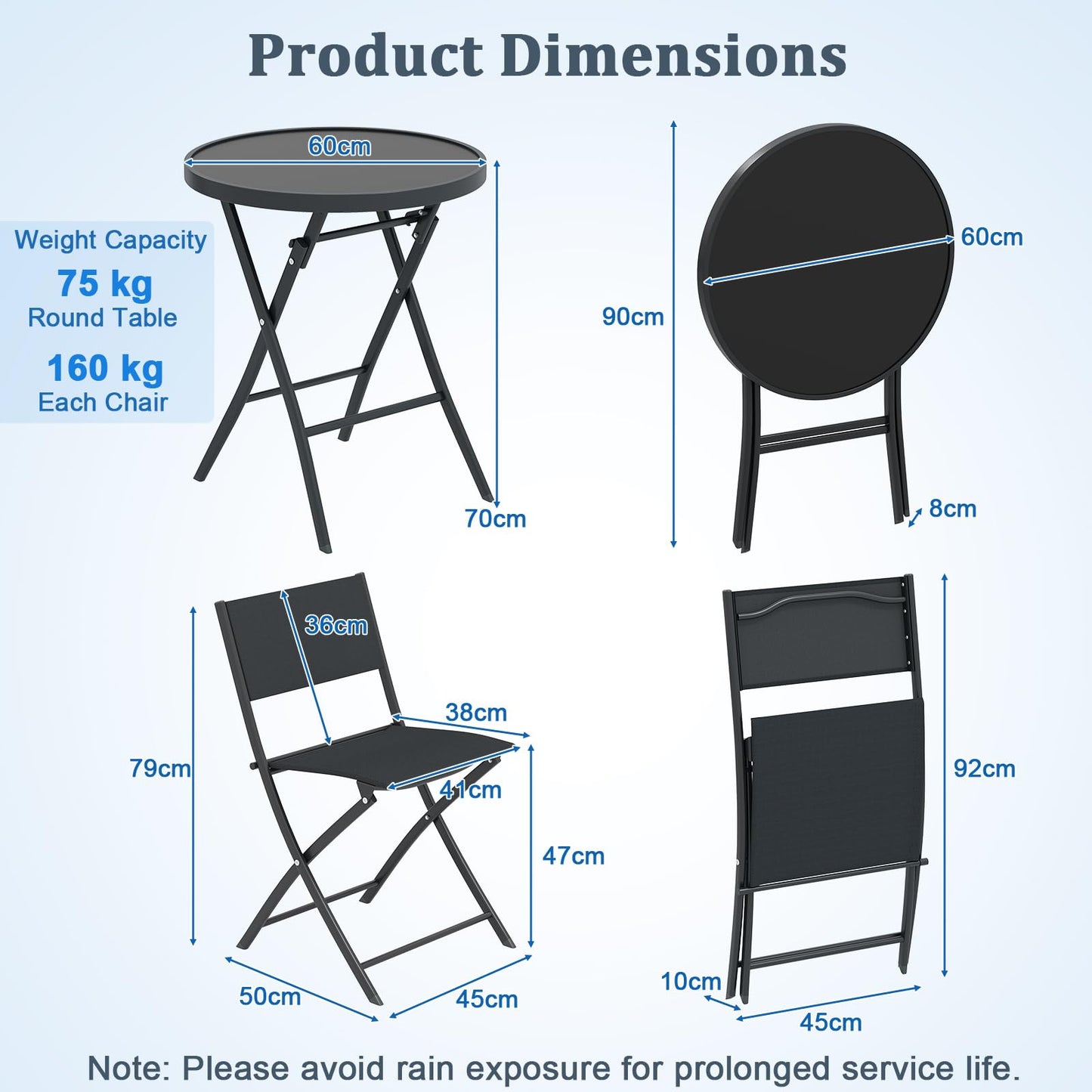 Folding Patio Bistro Set, 3 Piece Garden Furniture Set