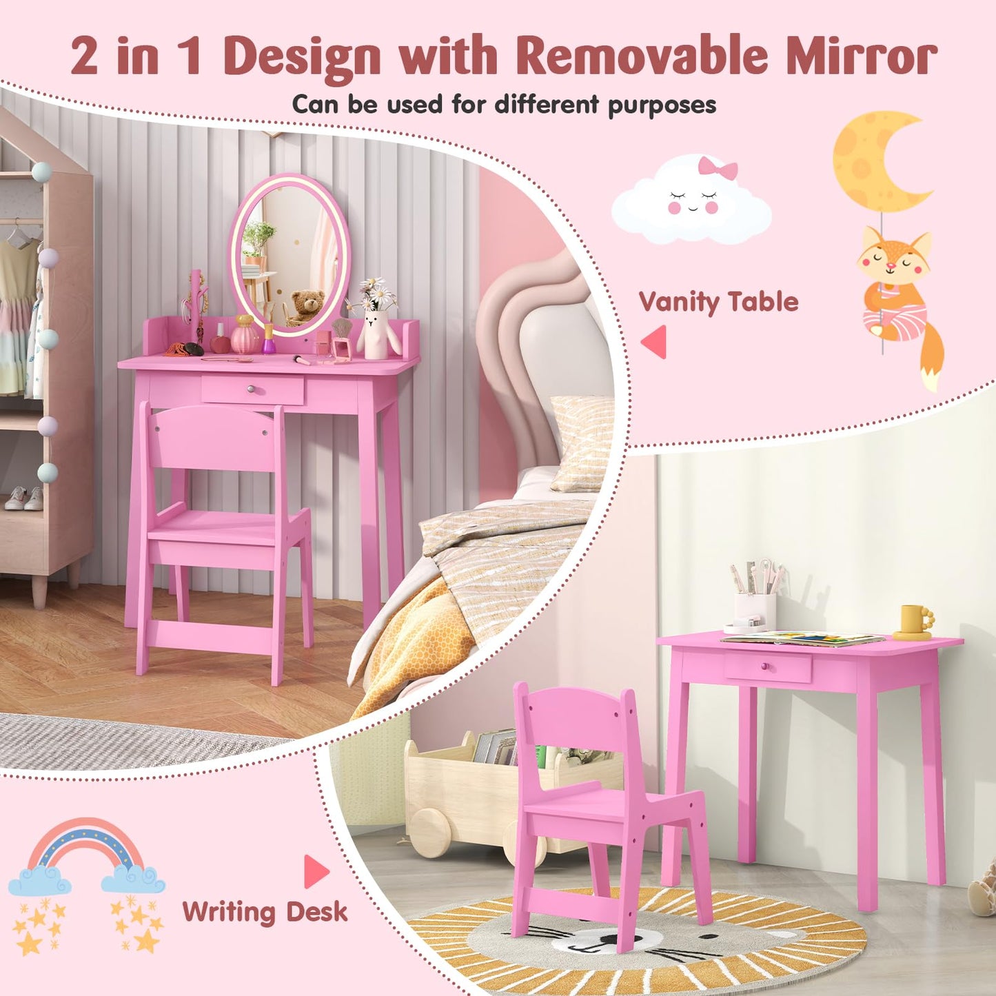 Kids Vanity Set Makeup Beauty Dressing Table and Chair with Lighted Mirror