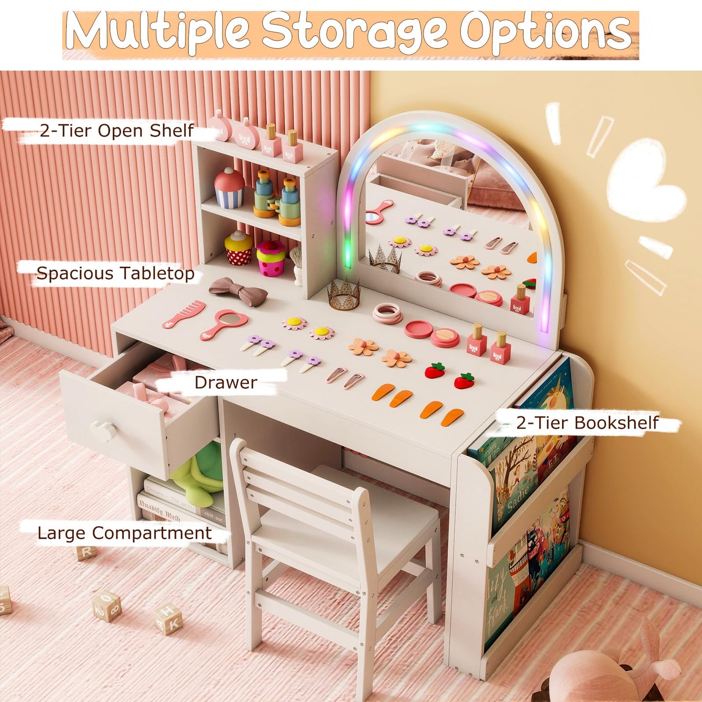 Kids Vanity Table and Chair Set with Lighted Mirror Open Storage Shelves