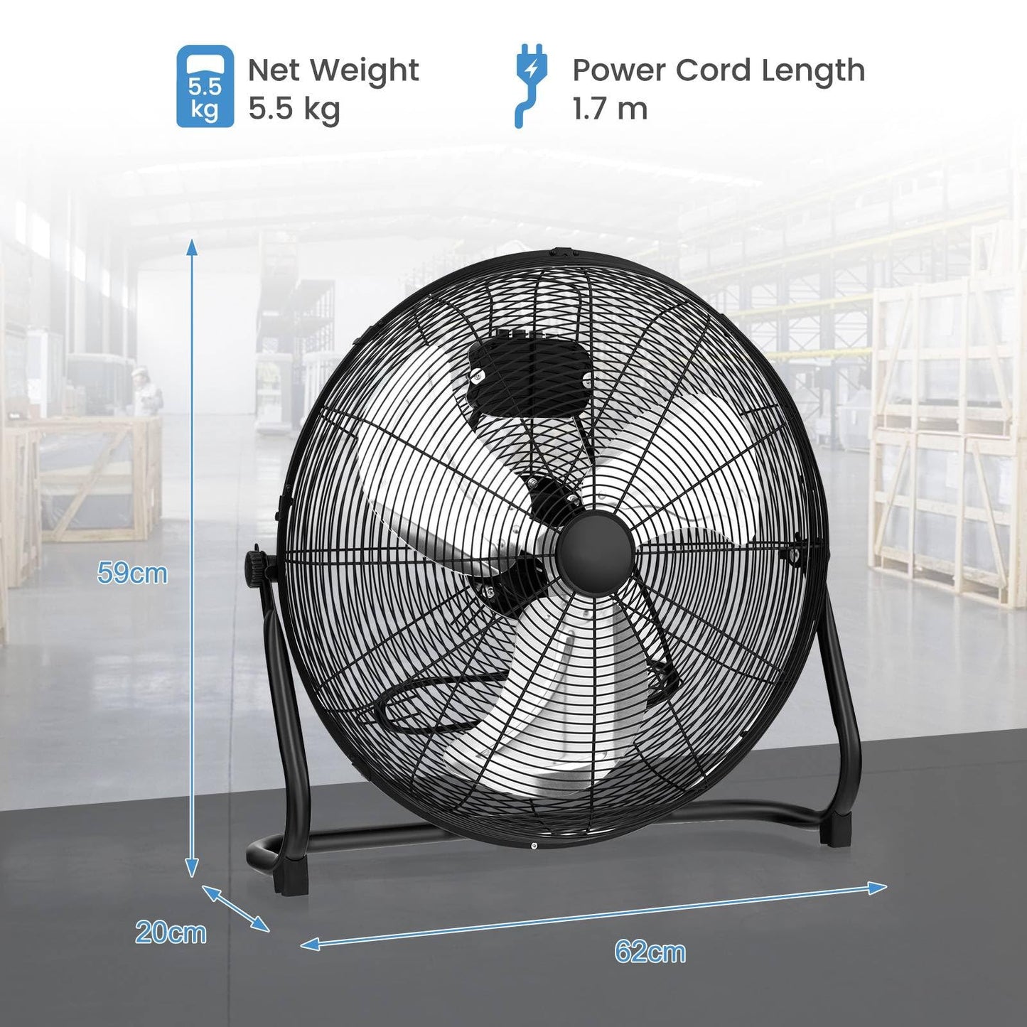 160W High Velocity Floor Fan with 3 Speed and Adjustable Tilting Head