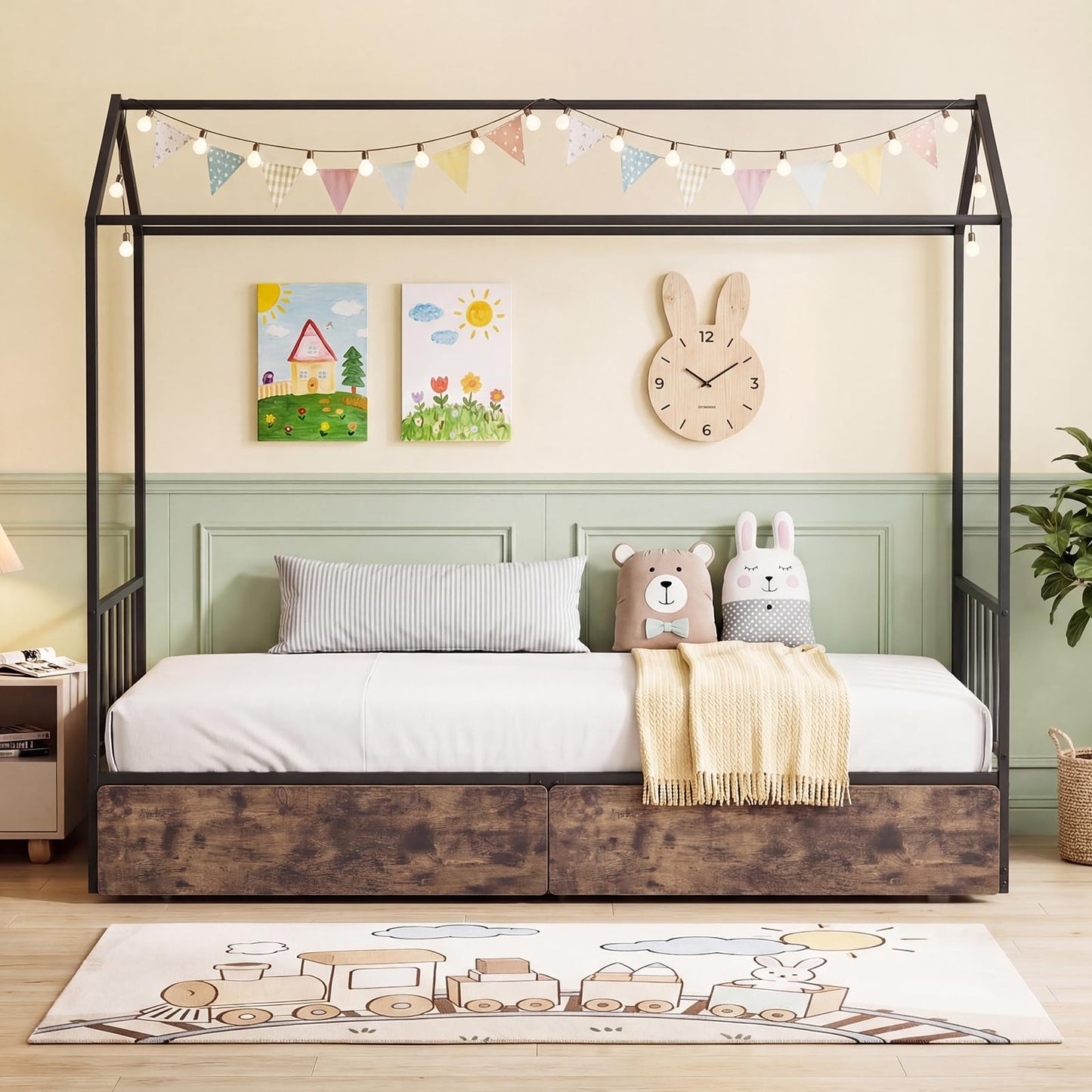 Kids Bed Frame, 3FT Single Size House Bed with Roof, 2 Drawers, Headboard & Footboard