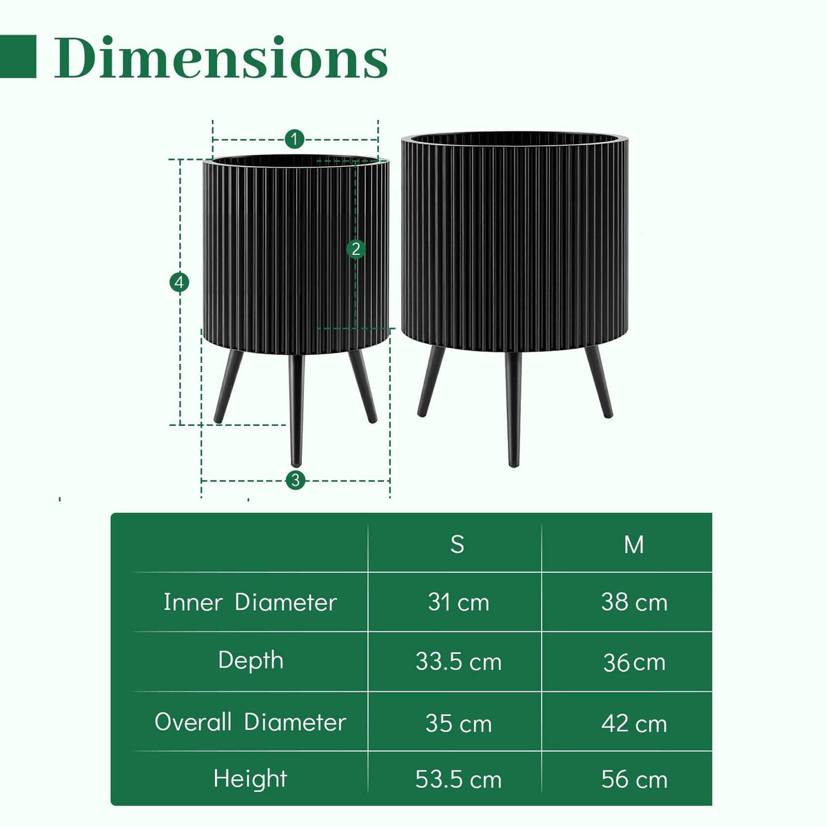 Plant Pot with Stand, 35/42cm Metal Fluted Flower Planter