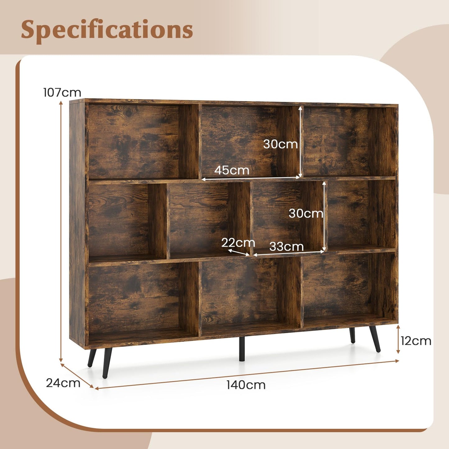 Bookcase 80/100/120/140 CM Storage Organizer with 4/5/5/5 Tapered Metal Legs