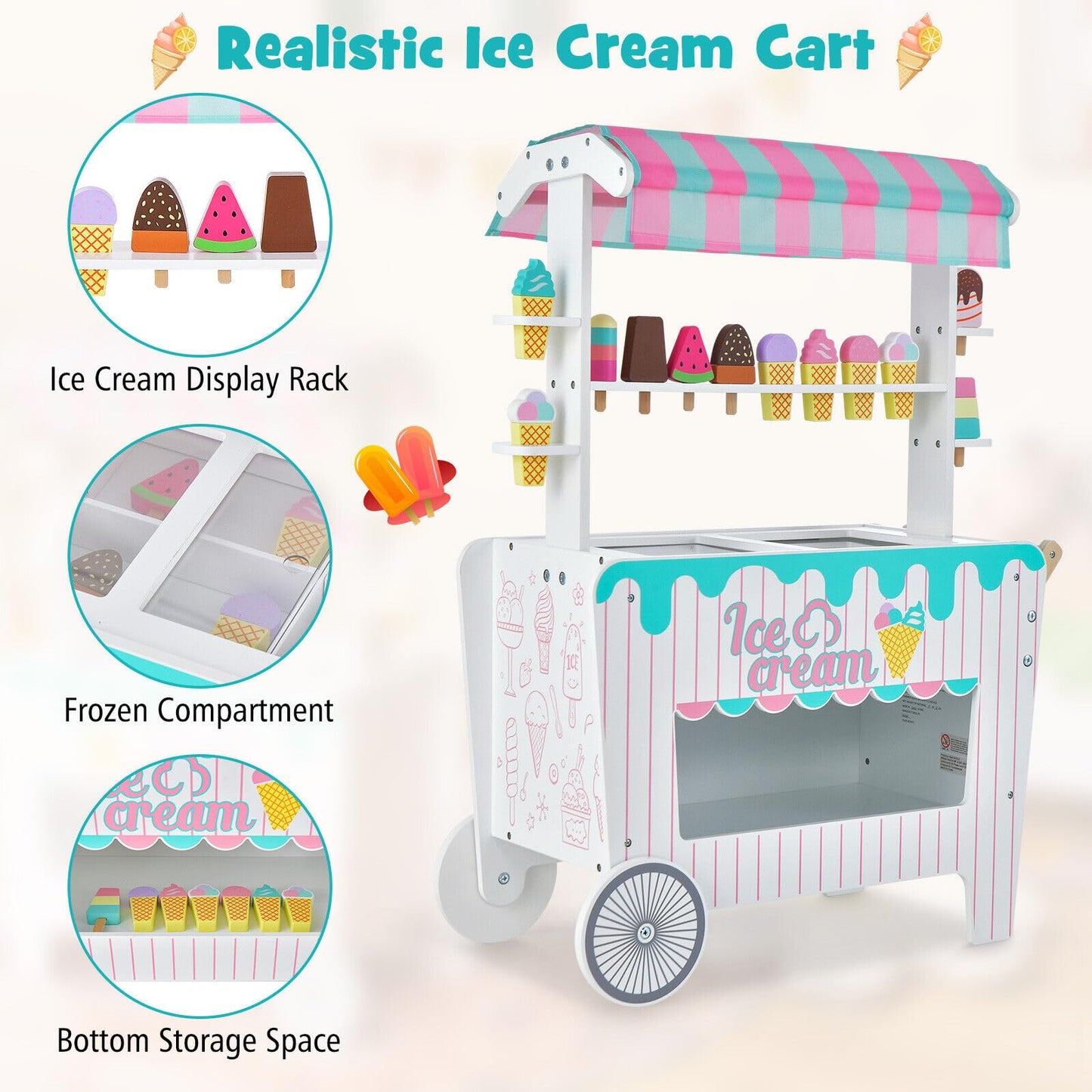 Ice Cream and Food Trunk Toy with 2 Large Wheels for Kids
