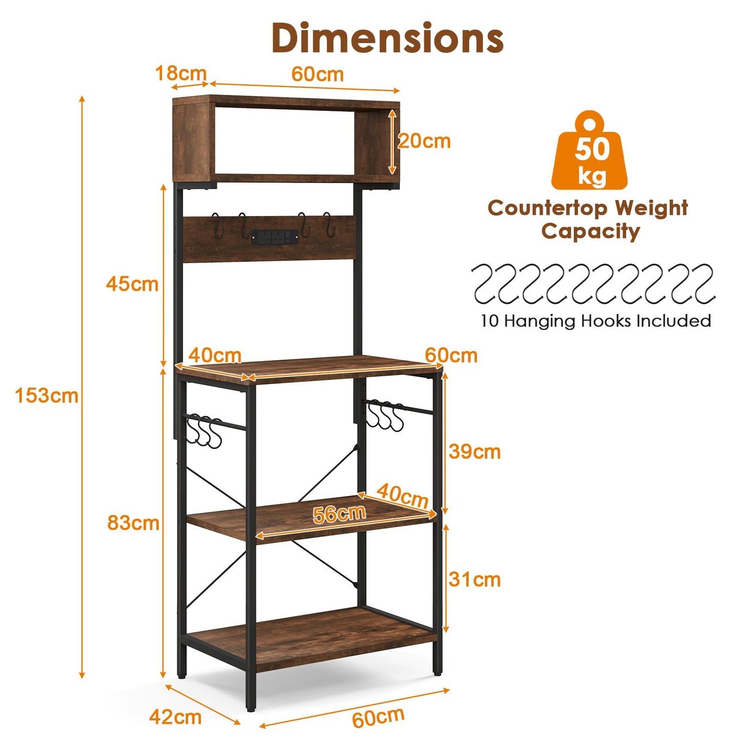 153 cm Tall Microwave Stand Kitchen Bakers Rack with Power Outlet