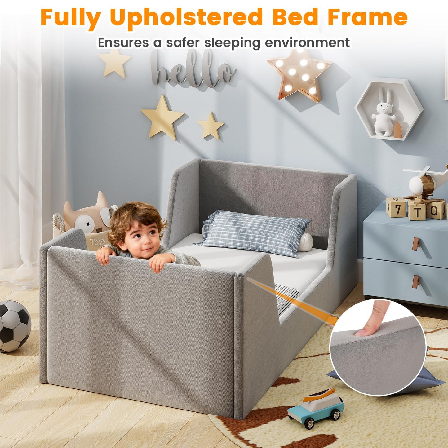 Kids Bed Frame, Soft Velvet Fabric Upholstered Children Floor Bed