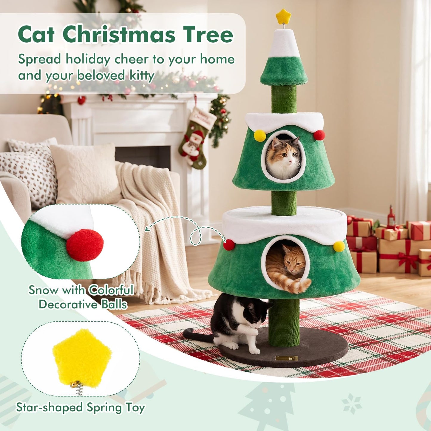 156cm Cat Tree, Christmas Tree Shape Cats Tower with 2 Condos