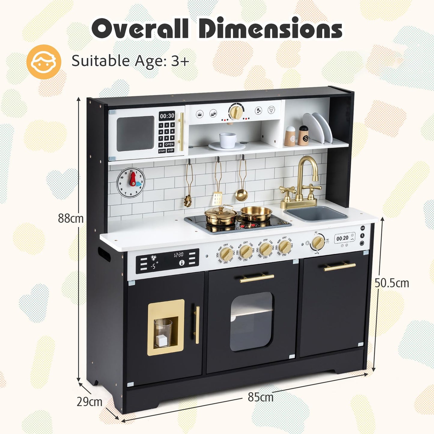 Kids Play Kitchen, Wooden Pretend Toy Kitchen with Realistic Lights & Sounds