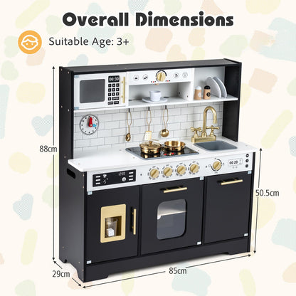 Kids Play Kitchen, Wooden Pretend Toy Kitchen with Realistic Lights & Sounds