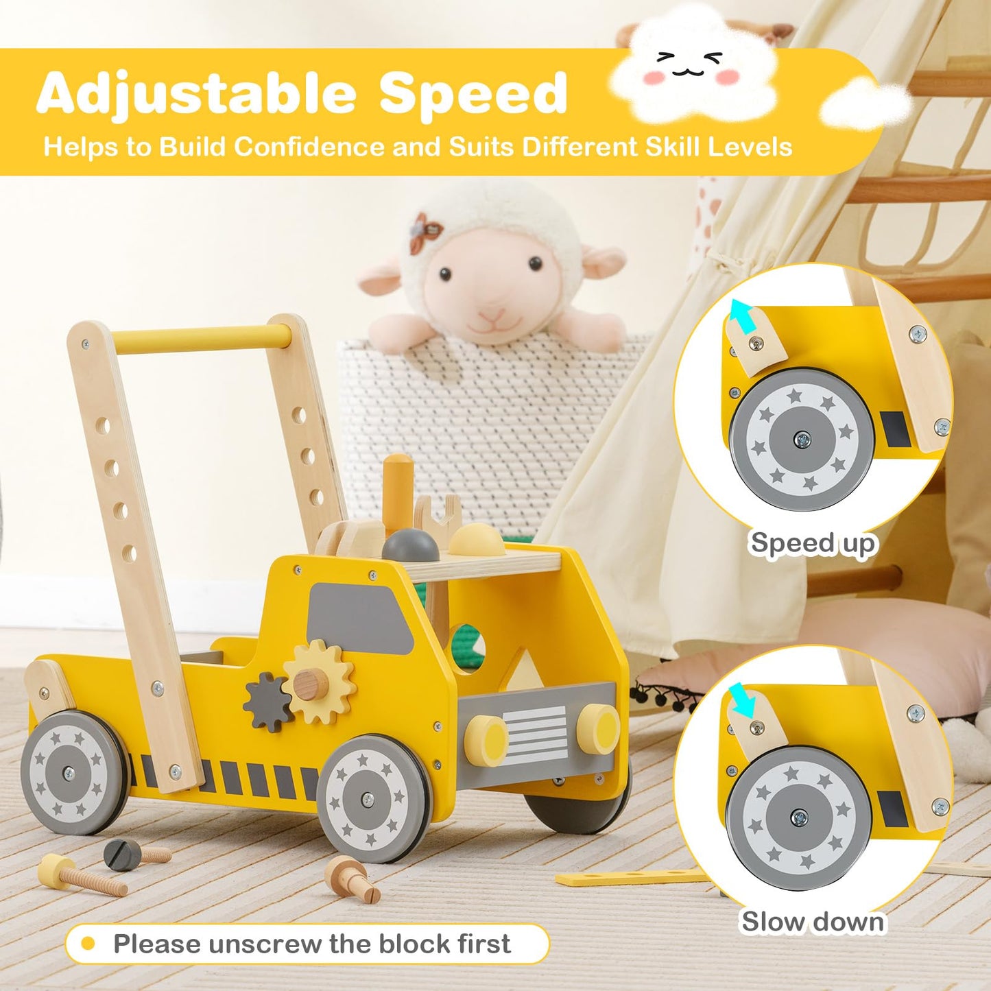 2 in 1 Push Along Walkers and Toy Tool Bench with Adjustable Speed