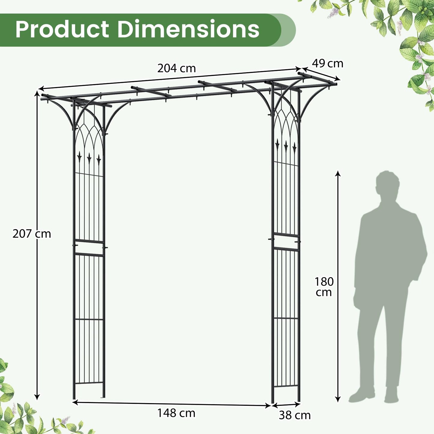 Flat Top Garden Arch with Trellises and Extended Roof for Climbing Plants