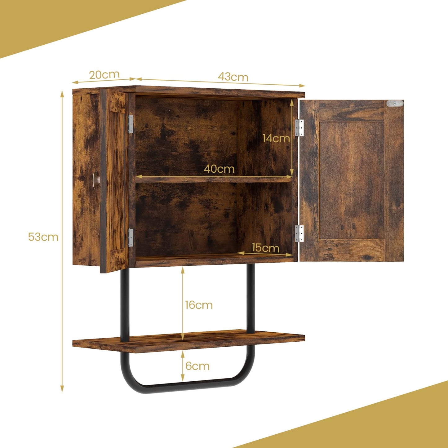 Bathroom Wall Cabinet with Double Door and Open Shelf and Towel Rack