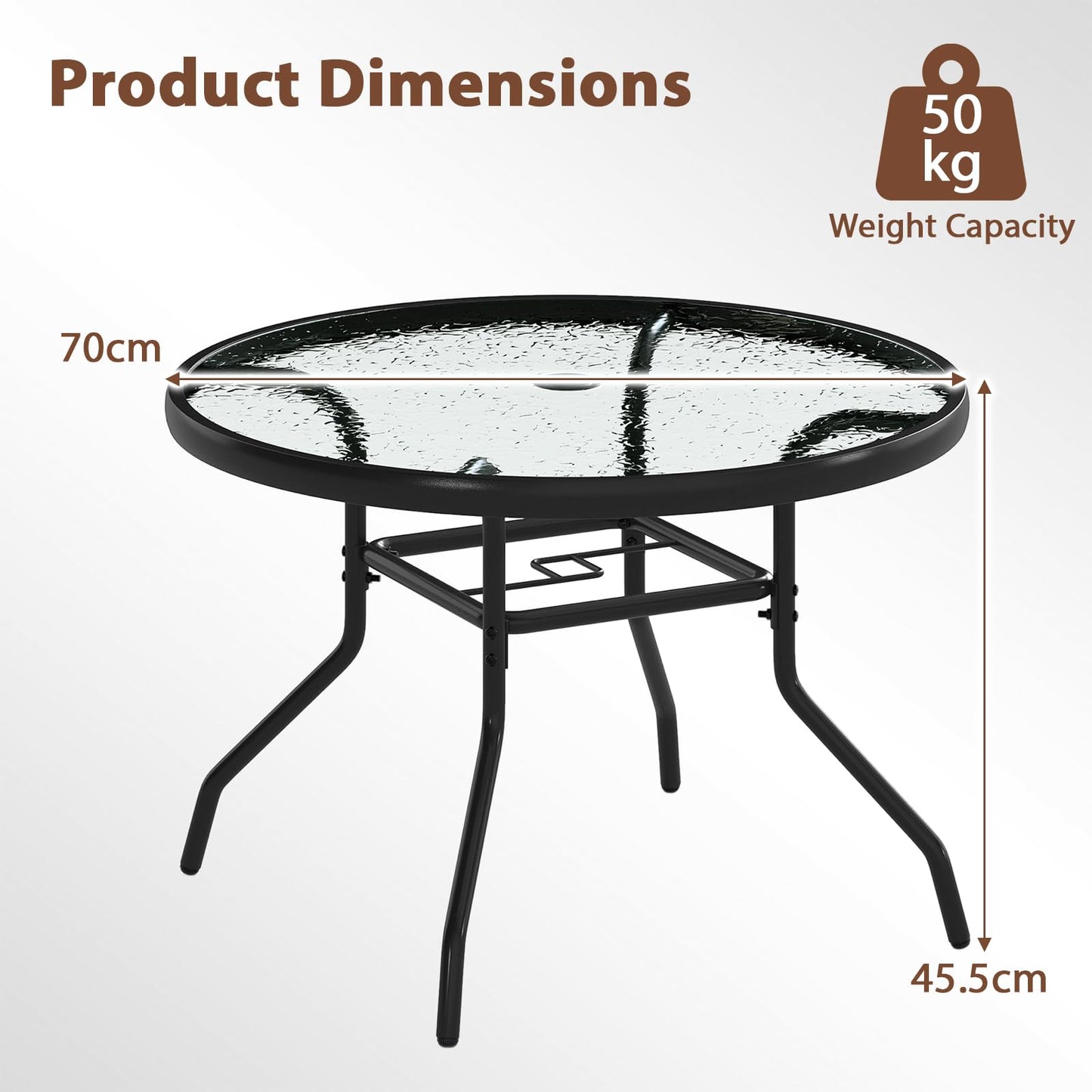 70cm Patio Side Table, Round Outdoor Coffee Table with Tempered Glass Tabletop