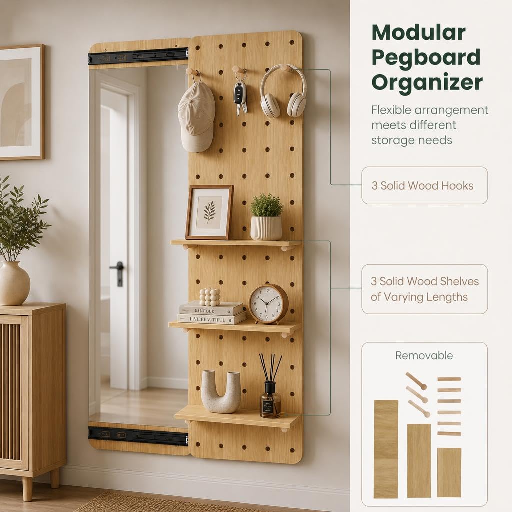 Wall Mounted Full Body Mirror with Sliding Pegboard Storage