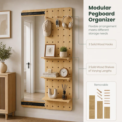 Wall Mounted Full Body Mirror with Sliding Pegboard Storage