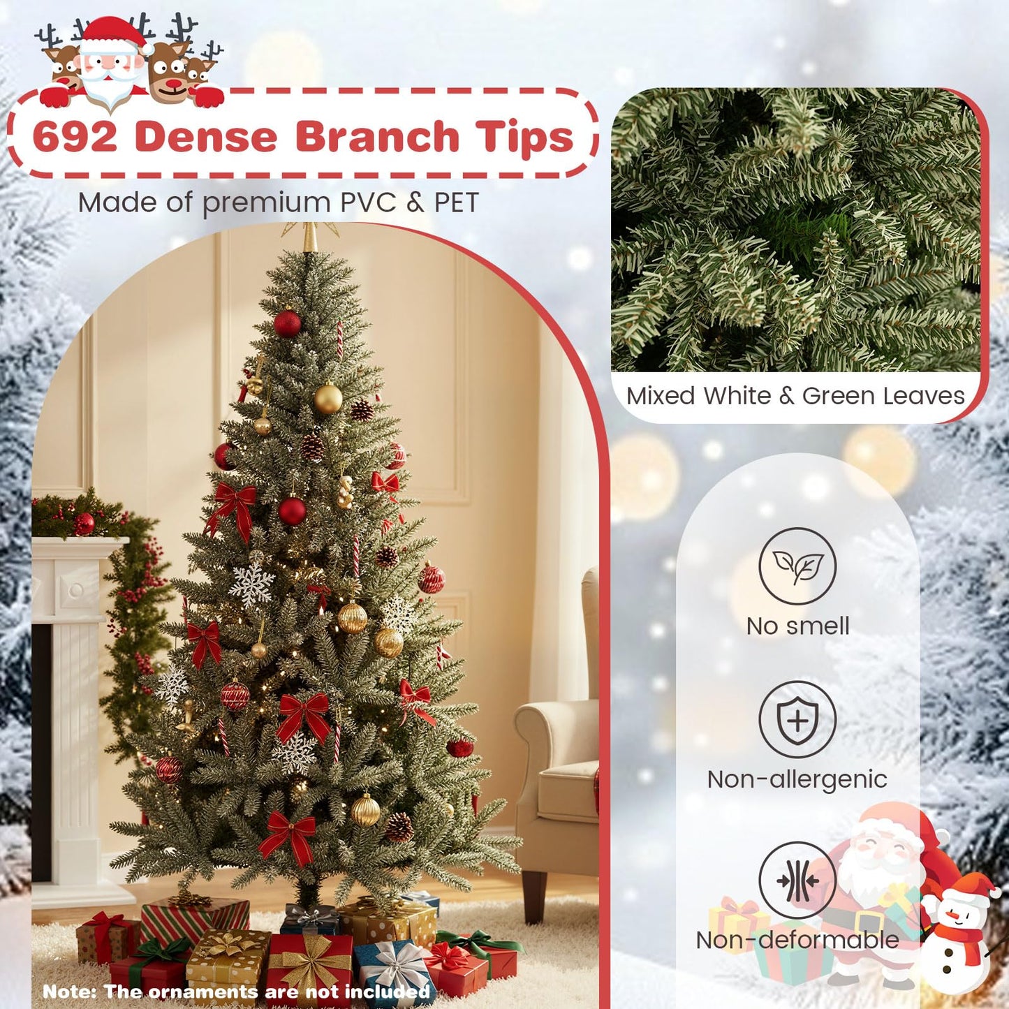 180 CM Glow-in-the-dark Artificial Christmas Tree Hinged Xmas Tree with 692 Branch Tips and Foldable Metal Stand